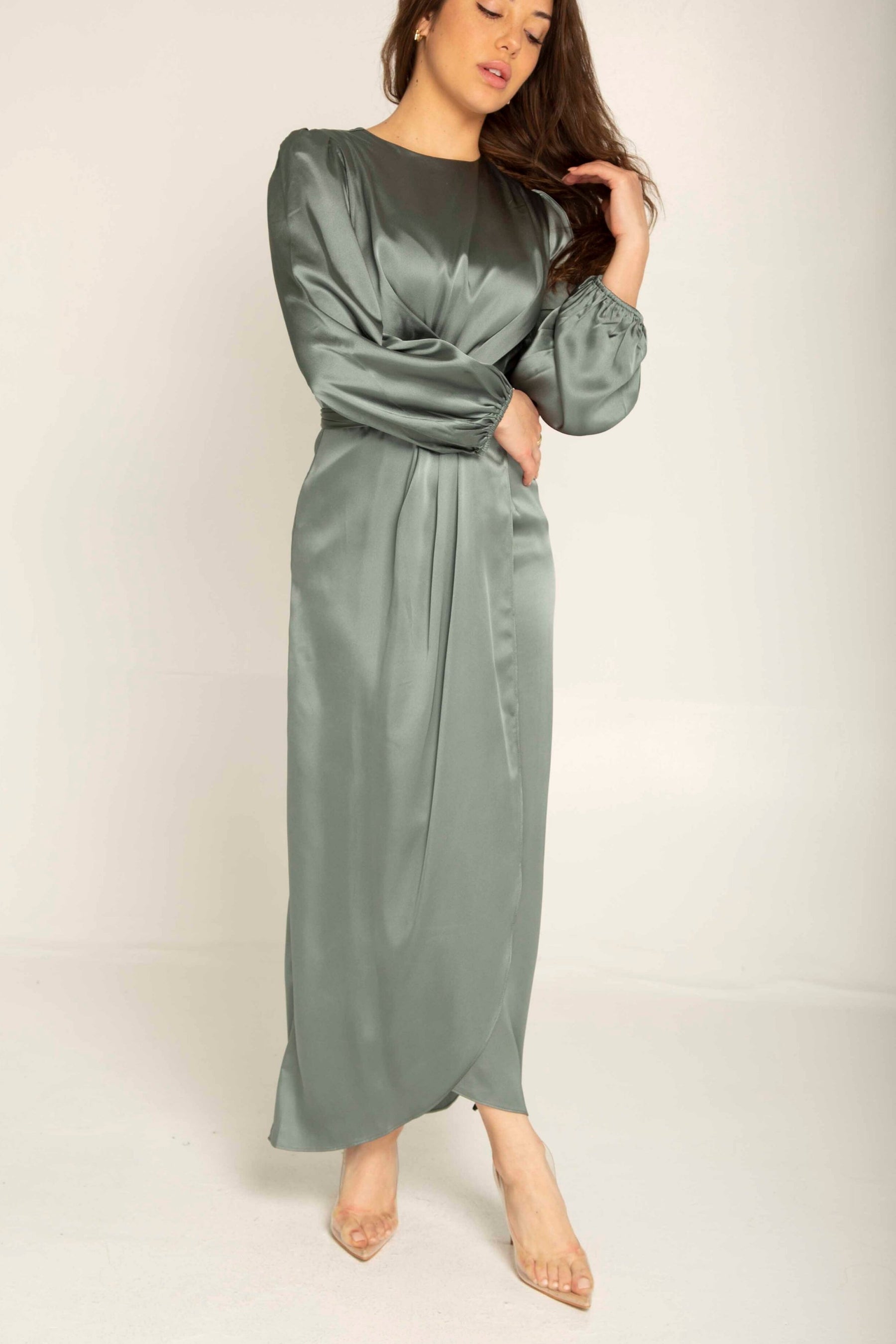 Julianna Satin Wrap Waist Maxi Dress - Teal